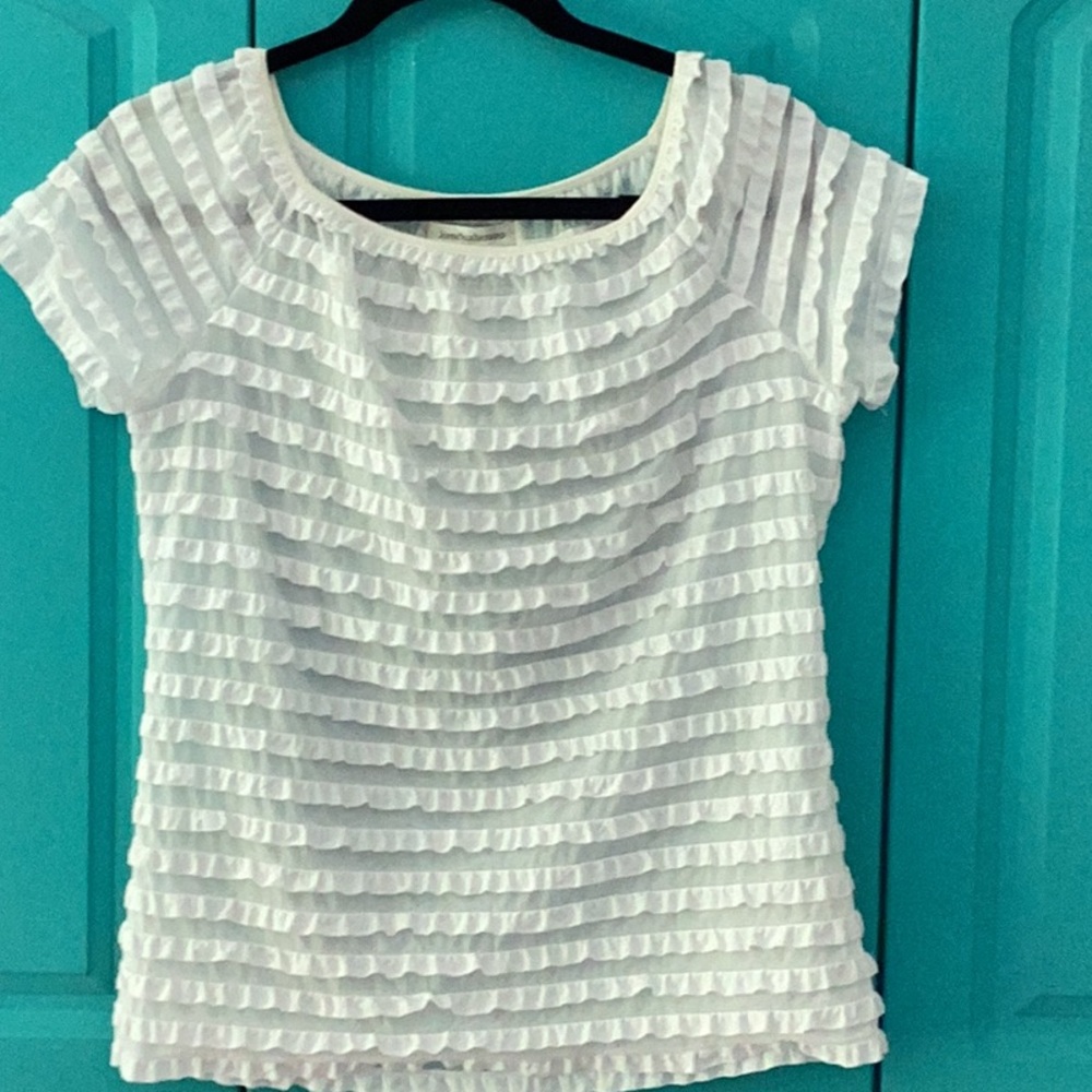 ⚜️ Semi Sheer White Ruffled BLOUSE EUC Macy’s  Sz L EUC